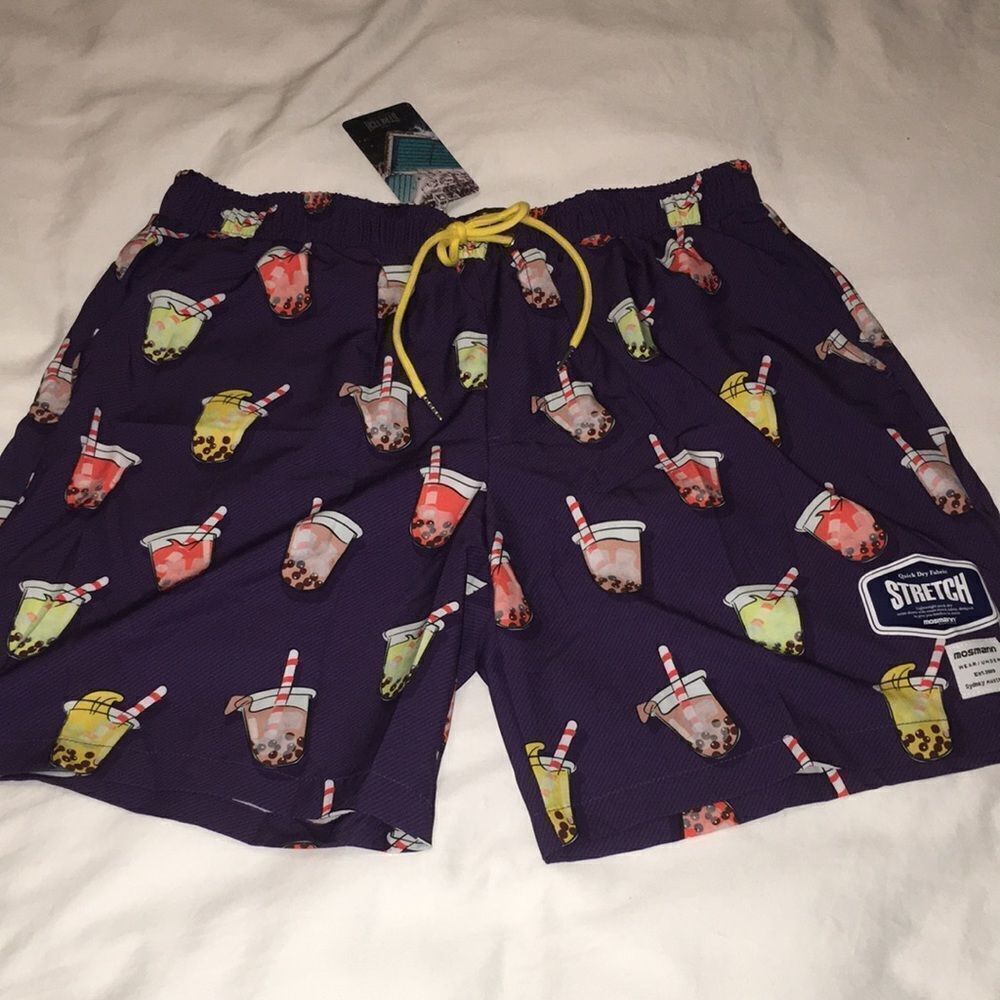 Mossman Sydney Bubble Tea boba tea Asia drink print stretch swim trunks shorts L